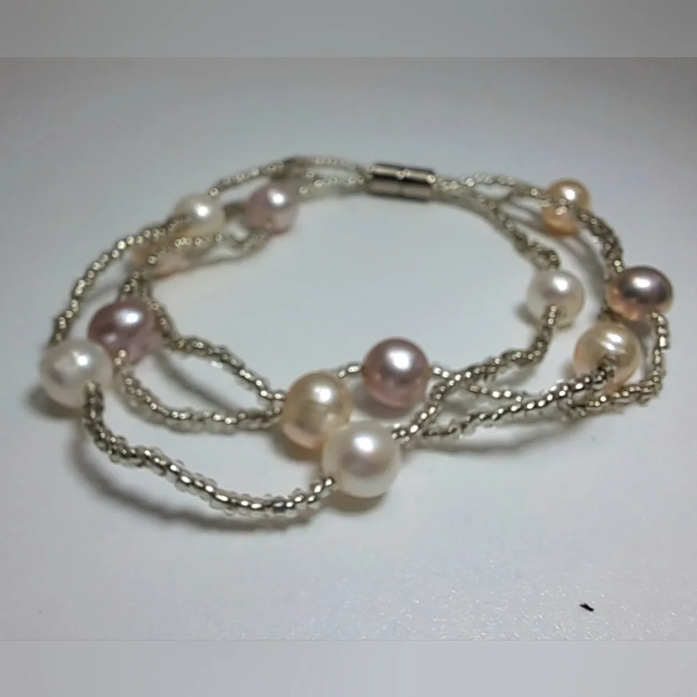 Multi Strand Beaded Silver Tone Bracelet
